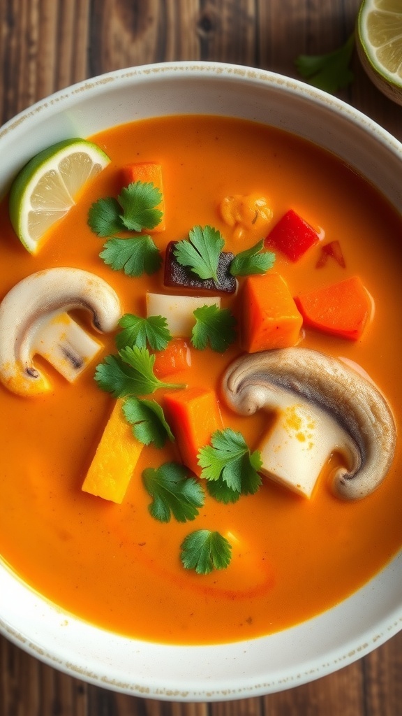 A bowl of Thai coconut curry soup with colorful vegetables and cilantro, served with lime wedges.